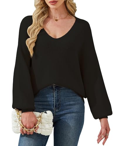 JUOIANTANG Damen Pullover Herbst Winter Casual Strickpullover Langarm V-Ausschnitt Lose Outwear Pullover Oberteile Schwarz L von JUOIANTANG