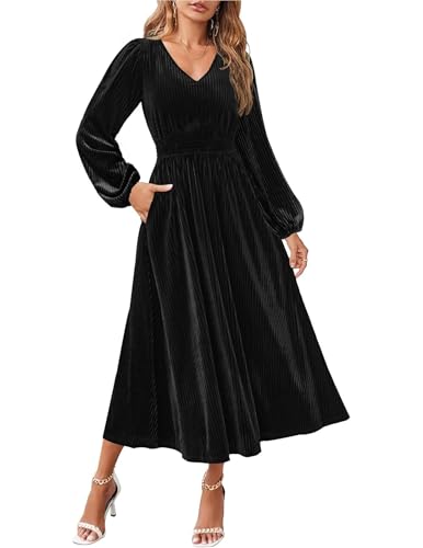 JUOIANTANG Damen Samtkleid V-Ausschnitt Langarm Elegant Cocktailkleid Hohe Taille Partykleid Fließend Abend Kleider L von JUOIANTANG