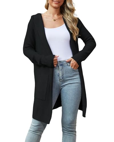 JUOIANTANG Damen Weich Strickcardigan mit Open Front Seitentaschen Grobstrick Cardigan für Frauen Schwarz L von JUOIANTANG