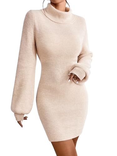 JUOIANTANG Elegante Strickkleider Damen Bubble Sleeve High Neck Hüftkleider Aprikose M von JUOIANTANG