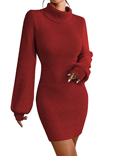 JUOIANTANG Frauen Strickkleid Gestrickte Partykleider Bishop Ärmel Pulli Kleid Damen Burgundy M von JUOIANTANG