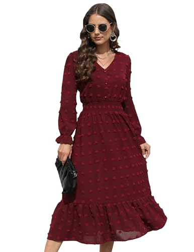 JUOIANTANG Rotes Kleid Damen Gothic Swiss Dots Maxikleid Damen Langarm Ballkleider Herbst Elegant Rüschensaum Herbstkleid Freizeitkleid mit V Ausschnitt M von JUOIANTANG