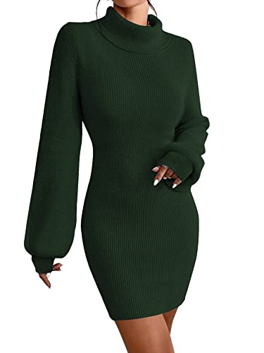 JUOIANTANG Womens Strick Kleider Weich Herbstkleid Bishop Ärmel Pulli Kleid Damen Dunkelgrün XL von JUOIANTANG