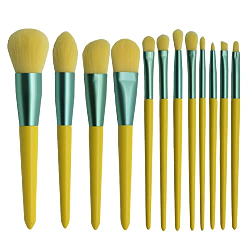 12-teiliges Make-up-Pinsel-Set, tragbar, superweiche Faser, Kosmetikpinsel, loses Puder, Lidschattenpinsel, Kunstfaser, Holzgriff, professionelles Make-up-Pinselwerkzeug für Lidschatten (gelb) von JUOPZKENN