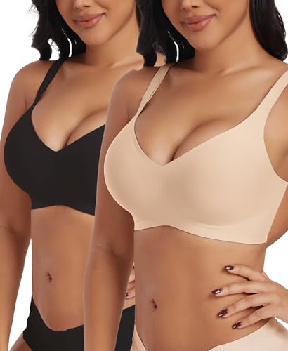 BH Damen Bequemer Große Brüste Bügelloser Seamless Bra Bequem BH Klassische Soft ohne Bügel Push Up Nahtloser Bügelloser T Shirt Gepolstert Bralette mit Extender(Black+Beige,M) von JURDUIR