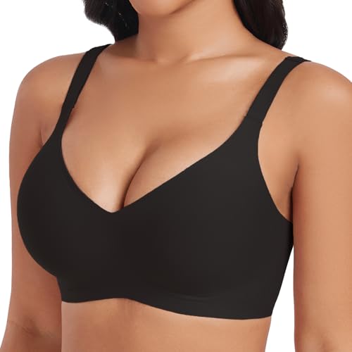 BH Damen Bequemer Große Brüste Bügelloser Seamless Bra Soft ohne Bügel Bequem BH Klassische Push Up Nahtloser Bügelloser T Shirt Gepolstert Bralette mit Extender(BK,M) von JURDUIR