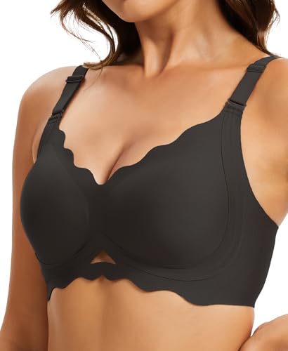 Damen BH ohne Bügel Große Brüste Starker Spitzen Halt Push Up Klassische Bügelloser Bustier Gepolstert Seamless T Shirt Bequemer Nahtloser Bra V-Ausschnitt Bralette mit Extender(BK,M) von JURDUIR