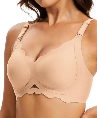 Damen BH ohne Bügel Große Brüste Starker Spitzen Halt Push Up Klassische Bügelloser Bustier Gepolstert Seamless T Shirt Bequemer Nahtloser Bra V-Ausschnitt Bralette mit Extender(Beige,S) von JURDUIR