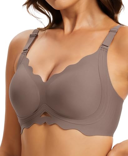 Damen BH ohne Bügel Große Brüste Starker Spitzen Halt Push Up Klassische Bügelloser Bustier Gepolstert Seamless T Shirt Bequemer Nahtloser Bra V-Ausschnitt Bralette mit Extender(Grey,M) von JURDUIR