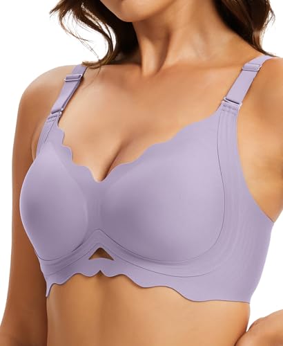 Damen BH ohne Bügel Große Brüste Starker Spitzen Halt Push Up Klassische Bügelloser Bustier Gepolstert Seamless T Shirt Bequemer Nahtloser Bra V-Ausschnitt Bralette mit Extender(PL,S) von JURDUIR