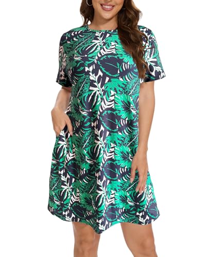 Damen Kleider Sommer Kurzarm Rundhals Knielang Strandkleid Sommerkleider Leicht Freizeitkleid mit Taschen（Green Leaf,3XL von JURDUIR