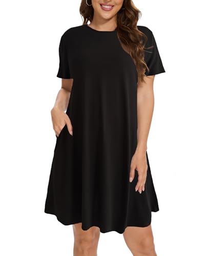 Damen Kleider Sommer Kurzarm Rundhals Knielang Strandkleid Sommerkleider Leicht Freizeitkleid mit Taschen（Black,L von JURDUIR