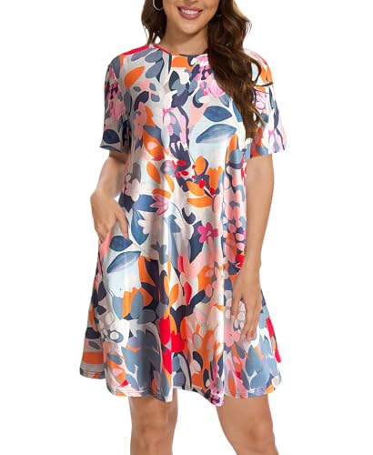 Damen Kleider Sommer Kurzarm Rundhals Knielang Strandkleid Sommerkleider Leicht Freizeitkleid mit Taschen（Floral Colorful,2XL von JURDUIR