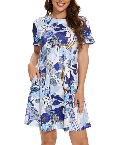 Damen Kleider Sommer Kurzarm Rundhals Knielang Strandkleid Sommerkleider Leicht Freizeitkleid mit Taschen（Leaf Blue,2XL von JURDUIR