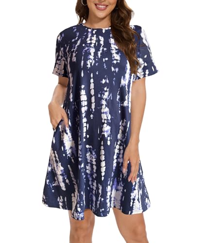 Damen Kleider Sommer Kurzarm Rundhals Knielang Strandkleid Sommerkleider Leicht Freizeitkleid mit Taschen（Royal Blue Stripes,2XL von JURDUIR