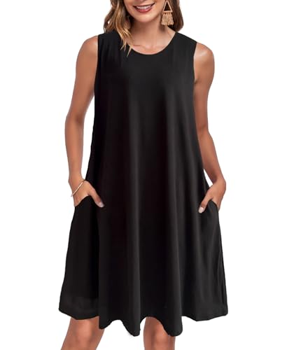 JURDUIR Damen Kleider Sommer Rundhals Knielang Spaghettiträger Knielang Strandkleider V Ausschnitt Kleid Leicht Mit Taschen Sommerkleid Für Frauen（Black,XL von JURDUIR