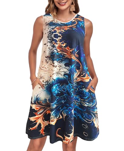 JURDUIR Damen Kleider Sommer Rundhals Knielang Spaghettiträger Knielang Strandkleider V Ausschnitt Kleid Leicht Mit Taschen Sommerkleid Für Frauen（Blue Shore,M von JURDUIR