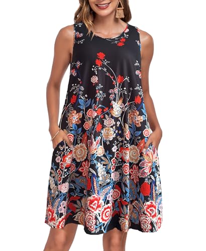 JURDUIR Damen Kleider Sommer Rundhals Knielang Spaghettiträger Knielang Strandkleider V Ausschnitt Kleid Leicht Mit Taschen Sommerkleid Für Frauen（Floral Black,M von JURDUIR