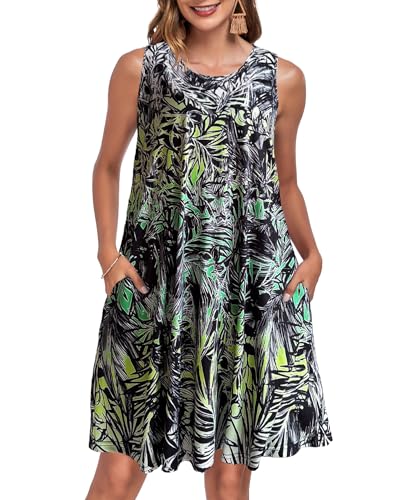 JURDUIR Damen Kleider Sommer Rundhals Knielang Spaghettiträger Knielang Strandkleider V Ausschnitt Kleid Leicht Mit Taschen Sommerkleid Für Frauen（Leaf Green Black,L von JURDUIR