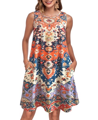 JURDUIR Damen Kleider Sommer Rundhals Knielang Spaghettiträger Knielang Strandkleider V Ausschnitt Kleid Leicht Mit Taschen Sommerkleid Für Frauen（Orange Boho,XL von JURDUIR