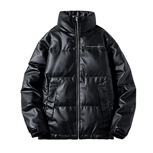 Herren Puffer Jacke Winterjacken für Herren Daunenjacke Herren Herren Jacken Leicht Leder PU Stehkragen Student, Schwarz , M von JUSHZ