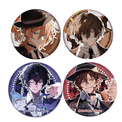 4 Bungo Strays Dogs Abzeichen 58MM Anime Figur Badge Pins Dazai Chuuya Cosplay Accessories Set von JUSONGKWCP