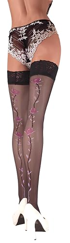JUST BEAUTY TOUCH Damen Halterlose Strümpfe mit Rosenmuster – Spitzenband, Doppelte Silikonstreifen, 20 Denier Lycra, Florales Design, Bequeme Passform, Größen S-2XL (XL/XXL, Schwarz (Amarant)) von JUST BEAUTY TOUCH
