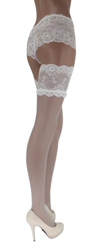 JUST BEAUTY TOUCH 13 cm tiefe Spitzenabschlüsse Transparente Halterlose Strümpfe 15 Denier (3XL/4XL, Weiß) von JUST BEAUTY TOUCH
