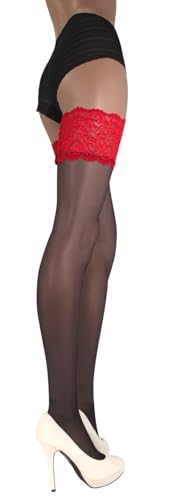 JUST BEAUTY TOUCH 13 cm tiefe Spitzenabschlüsse Transparente Halterlose Strümpfe 15 Denier (L/XL, Schwarz (Rot)) von JUST BEAUTY TOUCH