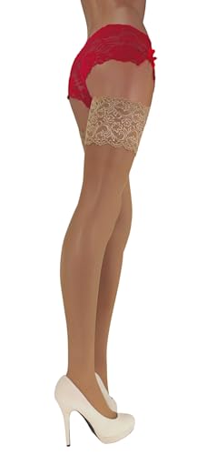 JUST BEAUTY TOUCH 13 cm tiefe Spitzenabschlüsse Transparente Halterlose Strümpfe 15 Denier (S/M, Visone) von JUST BEAUTY TOUCH