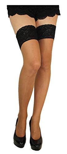 JUST BEAUTY TOUCH 20 Denier Halterlose Strümpfe – Doppelte Silikonband für sicheren Halt – Erhältlich in 3 Größen & mehreren Farben (M/L, Beige(Schwarz)) von JUST BEAUTY TOUCH