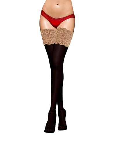 JUST BEAUTY TOUCH Blickdichte Halterlose Strümpfe 100 Denier 15 cm Tiefes Spitzenband Neue Größe S - 4XL Winter Herbst Halterlose Strümpfe (S/M, Schwarz(Opal)) von JUST BEAUTY TOUCH