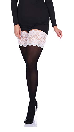 JUST BEAUTY TOUCH Blickdichte Halterlose Strümpfe 100 Denier 15 cm Tiefes Spitzenband Neue Größe S - 4XL Winter Herbst Halterlose Strümpfe (S/M, Schwarz(Weiß)) von JUST BEAUTY TOUCH