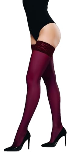 JUST BEAUTY TOUCH Blickdichte Halterlose Strümpfe für Damen – 60 Denier mit Silikon-Spitzenband, Weiches Mikrofaser, Bequem & Stilvoll (3XL/4XL, Burgund) von JUST BEAUTY TOUCH