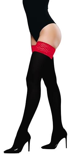 JUST BEAUTY TOUCH Blickdichte Halterlose Strümpfe für Damen – 60 Denier mit Silikon-Spitzenband, Weiches Mikrofaser, Bequem & Stilvoll (3XL/4XL, Schwarz(Rot)) von JUST BEAUTY TOUCH