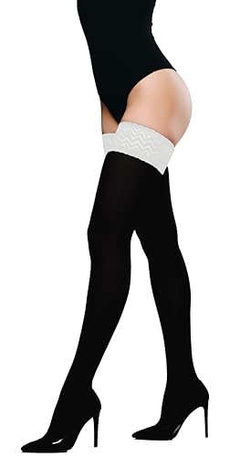 JUST BEAUTY TOUCH Blickdichte Halterlose Strümpfe für Damen – 60 Denier mit Silikon-Spitzenband, Weiches Mikrofaser, Bequem & Stilvoll (S/M, Schwarz(Weiß)) von JUST BEAUTY TOUCH