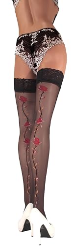 JUST BEAUTY TOUCH Damen Halterlose Strümpfe mit Rosenmuster – Spitzenband, Doppelte Silikonstreifen, 20 Denier Lycra, Florales Design, Bequeme Passform, Größen S-2XL (XL/XXL, Schwarz) von JUST BEAUTY TOUCH