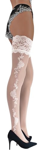 JUST BEAUTY TOUCH Durchsichtige Oberschenkelhohe Damen-Halterlose Strümpfe, Rosenmuster-Design, 13 cm Silikon-Spitzenoberteil – 20 Denier (M/L, Weiß) von JUST BEAUTY TOUCH