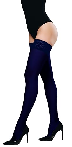 JUST BEAUTY TOUCH Blickdichte Halterlose Strümpfe für Damen – 60 Denier mit Silikon-Spitzenband, Weiches Mikrofaser, Bequem & Stilvoll (XL/XXL, Marineblau) von JUST BEAUTY TOUCH