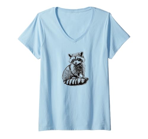 Damen Handskizzierter süßer Waschbär, nachtaktives Tier, Wildtierliebhaber T-Shirt mit V-Ausschnitt Damen Handskizzierter süßer Waschbär, nachtaktives Tier, Wildtierliebhaber T-Shirt mit V-Ausschnitt von JUST CHILL BRO