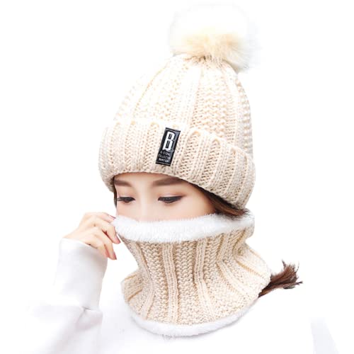 JUST Beanie Women's Winter Hat Warm Loop Scarf and Knitted Hat Set Knitted Scarf Windproof Skull Cap with Fleece Lining for Outdoor Sports Pullover Windproof Ear Flaps (One-size, T-a-Beige) von JUST