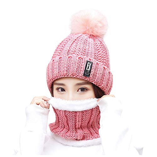 JUST Beanie Women's Winter Hat Warm Loop Scarf and Knitted Hat Set Knitted Scarf Windproof Skull Cap with Fleece Lining for Outdoor Sports Pullover Windproof Ear Flaps (One-size, T-a-Rosa) von JUST