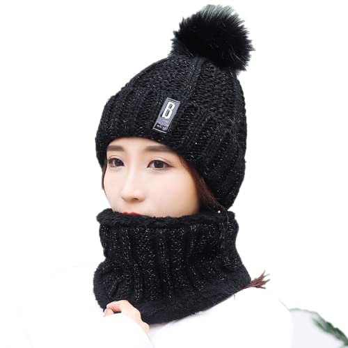 JUST Beanie Women's Winter Hat Warm Loop Scarf and Knitted Hat Set Knitted Scarf Windproof Skull Cap with Fleece Lining for Outdoor Sports Pullover Windproof Ear Flaps (One-size, T-a-Schwarz) von JUST