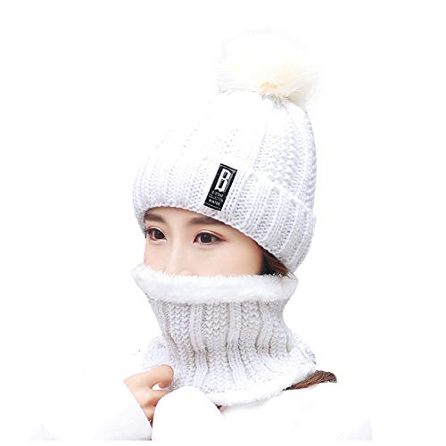 JUST Beanie Women's Winter Hat Warm Loop Scarf and Knitted Hat Set Knitted Scarf Windproof Skull Cap with Fleece Lining for Outdoor Sports Pullover Windproof Ear Flaps (One-size, T-a-Weiß) von JUST