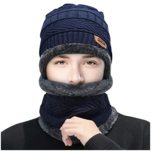 JUST Beanie Women's Winter Hat Warm Loop Scarf and Knitted Hat Set Knitted Scarf Windproof Skull Cap with Fleece Lining for Outdoor Sports Pullover Windproof Ear Flaps (One-size, T-b-Blau) von JUST