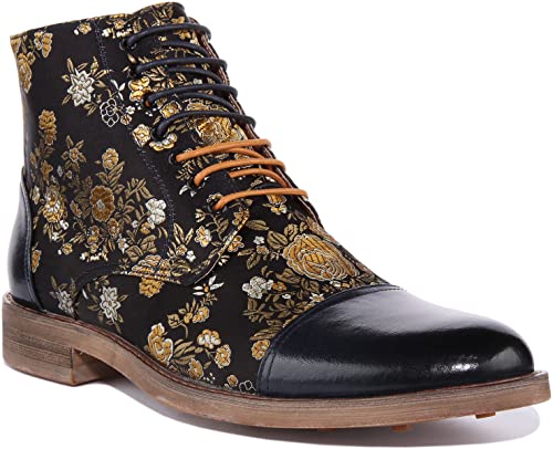 JUSTINREESS ENGLAND Adam Floral Herren Leder Schnürstiefeletten Premium Blumendruck Navy, navy, 45 EU von JUSTINREESS ENGLAND