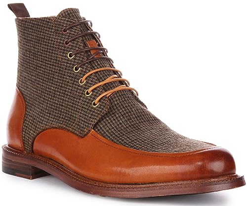 JUSTINREESS ENGLAND Austin Herren Leder und Tweed Schnürstiefeletten Klassischer Stil für smarte Anlässe, braun, 46 EU von JUSTINREESS ENGLAND