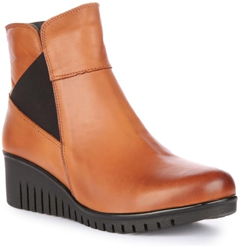 JUSTINREESS ENGLAND Rosalia Damen Chelsea Boot aus Leder mit Keilabsatz, braun / schwarz, 38 EU von JUSTINREESS ENGLAND
