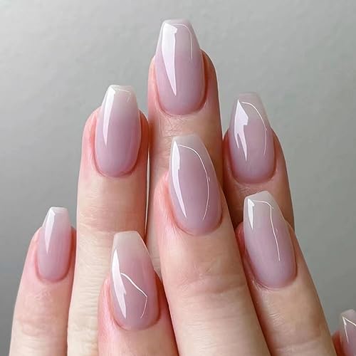 JUSTOTRY 24 Pcs Nude Sarg Nägel Zum Aufkleben Mittel,Pink Einfarbig French Press on Nails,Ballerina Kunstnägel Fake Nails für Nail Art,Glossy Fingernägel zum Aufkleben für Frauen von JUSTOTRY