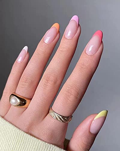 JUSTOTRY 24 Pcs Regenbogen French Nägel Zum Aufkleben Oval Kurz,Farbe Press on Nails mit Kleber,Klassisch Mandel Kunstnägel Fake Nails Mittel für Nails Art,Fingernägel zum Aufkleben für Frauen von JUSTOTRY